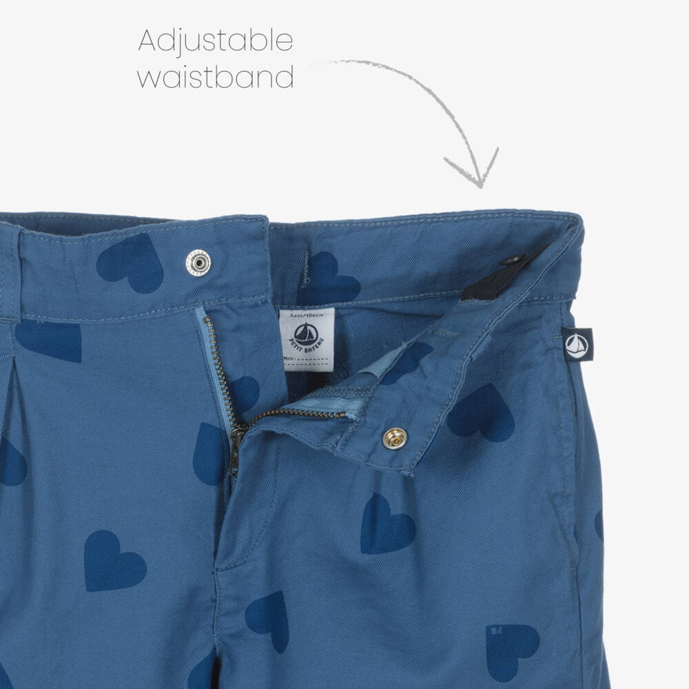 Petit Bateau-Girls Blue Heart Patterned Twill Shorts | Childrensalon Outlet