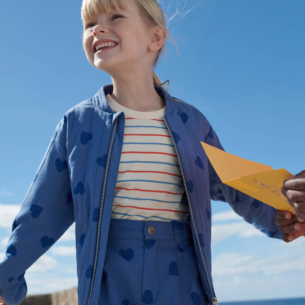 Petit Bateau-Girls Blue Heart Patterned Twill Shorts | Childrensalon Outlet