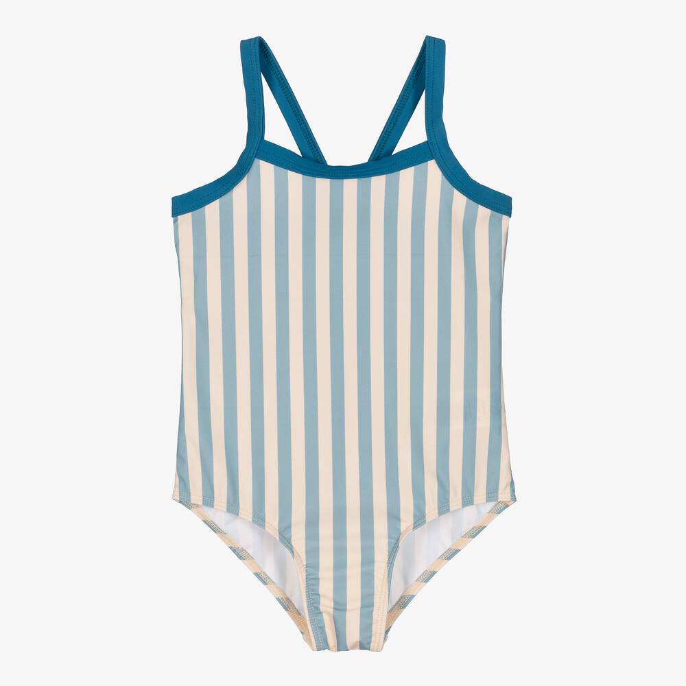 Petit Bateau - Girls Blue & Ivory Stripe Swimsuit | Childrensalon