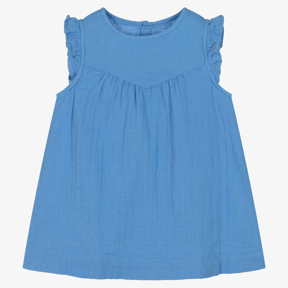 Petit Bateau - Girls Blue Organic Cheesecloth Dress | Childrensalon