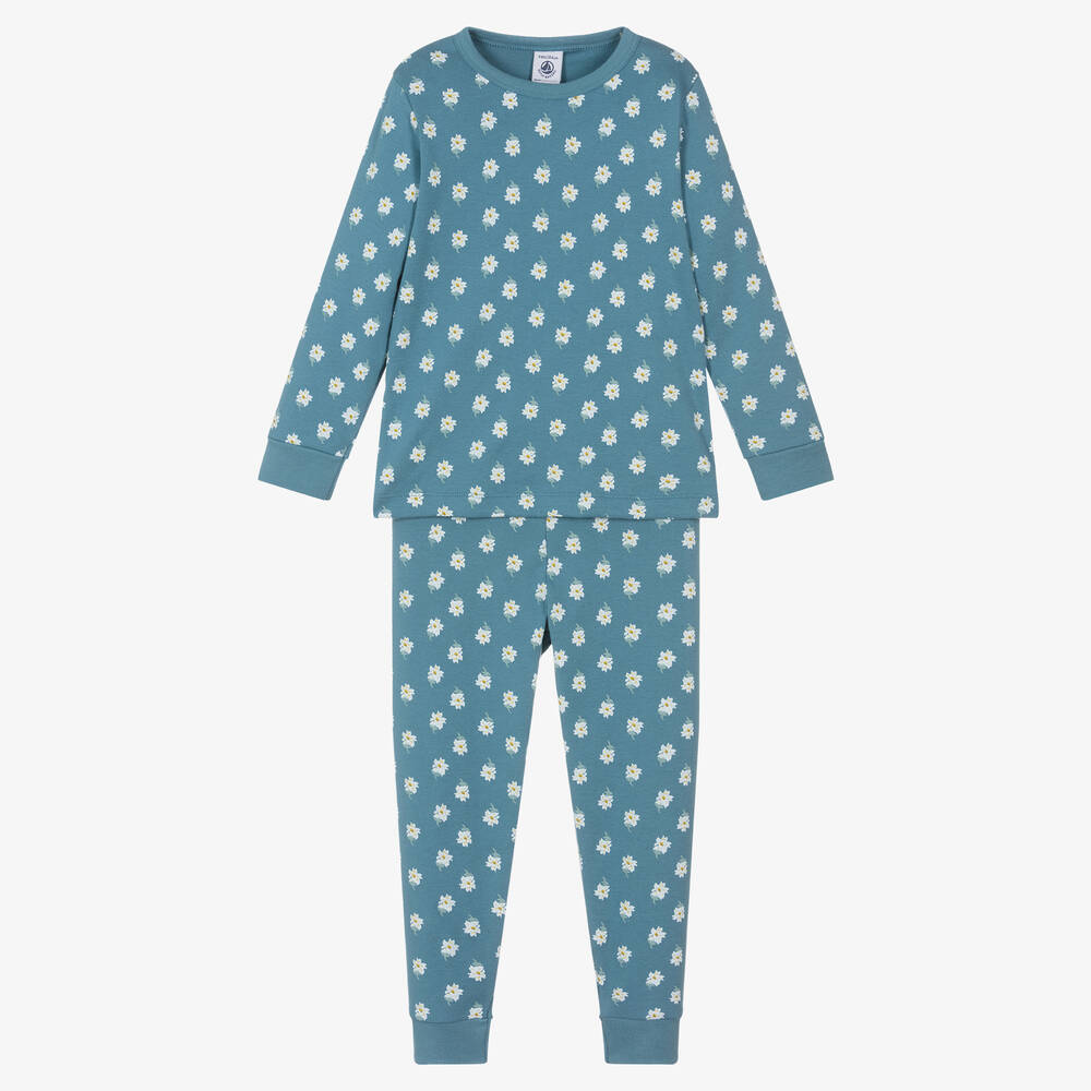 Petit Bateau - Girls Blue Organic Cotton Floral Pyjamas | Childrensalon