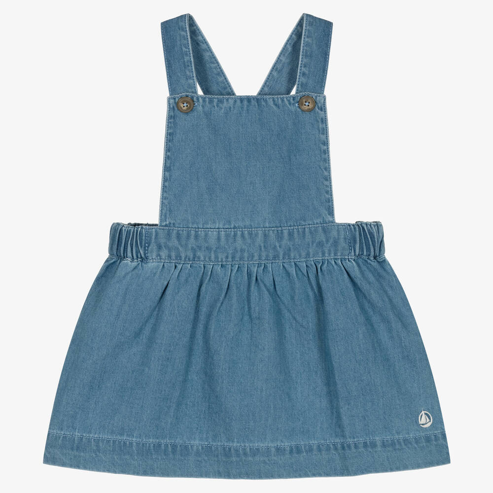 Petit Bateau - Girls Blue Organic Denim Pinafore Dress | Childrensalon