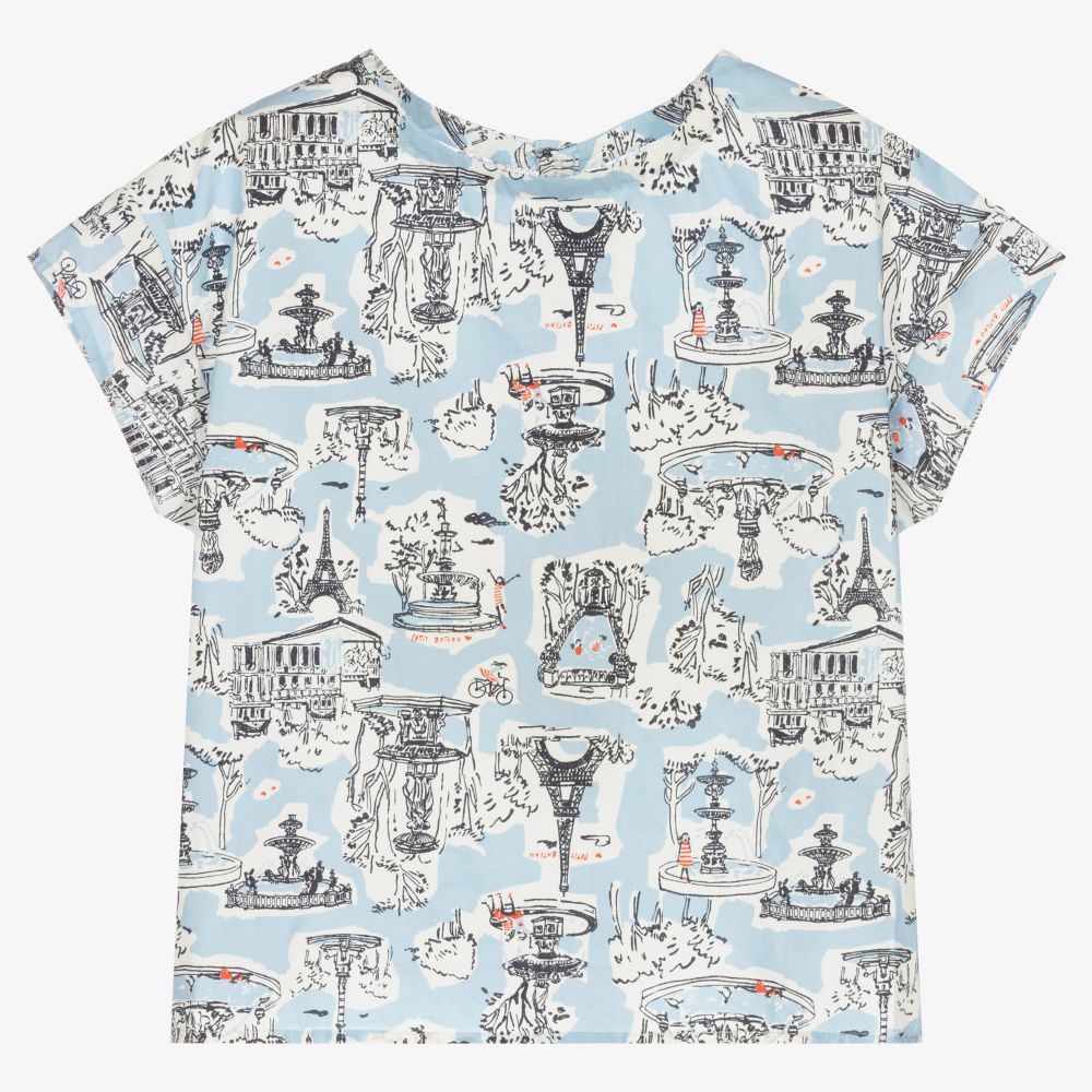 Petit Bateau - Голубая хлопковая блузка с принтом Paris для девочек | Childrensalon