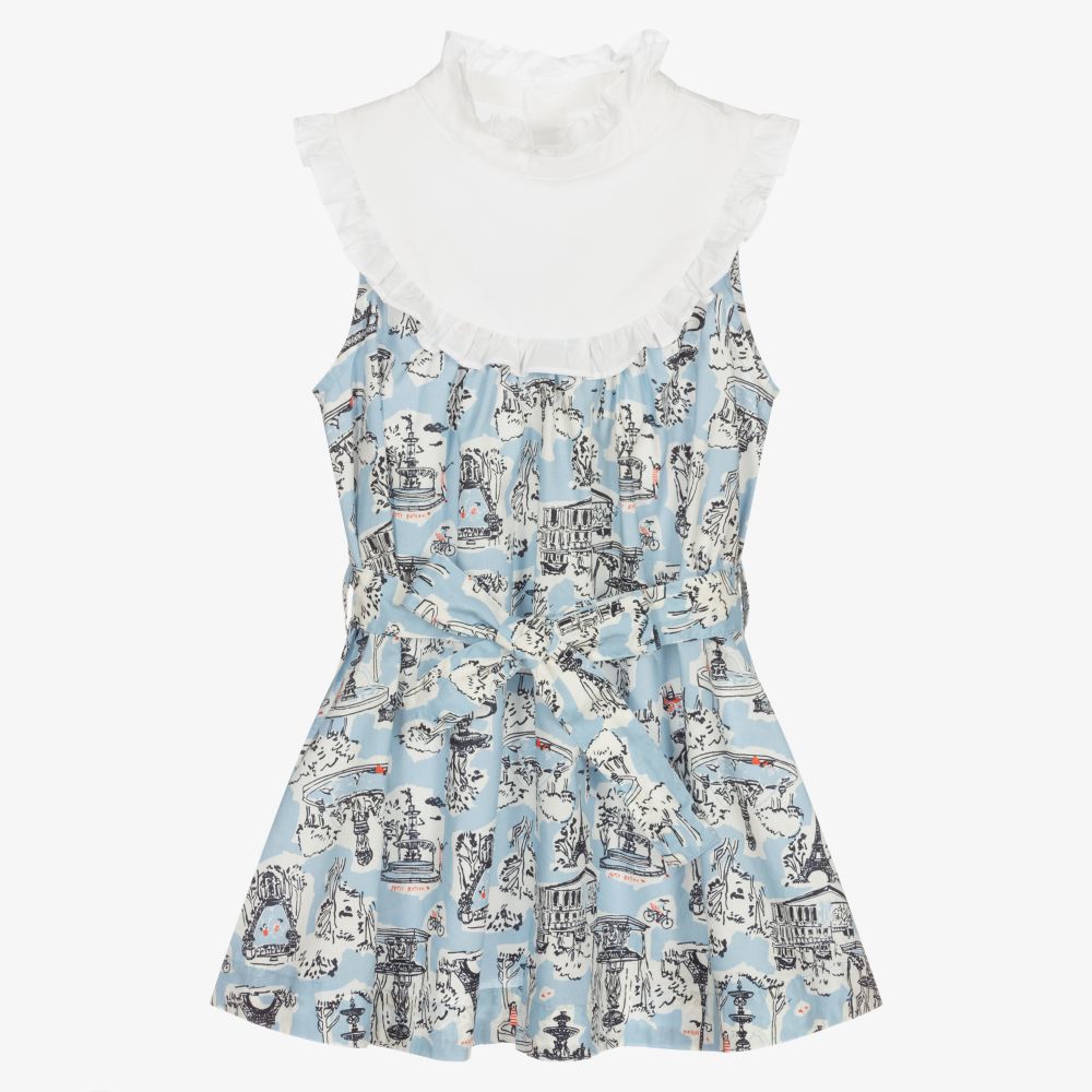 Petit Bateau - Голубое хлопковое платье с принтом Paris для девочек | Childrensalon