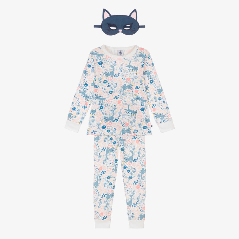 Petit Bateau-Girls Blue & Pink Cotton Floral Print Pyjamas with Cat Mask | Childrensalon Outlet