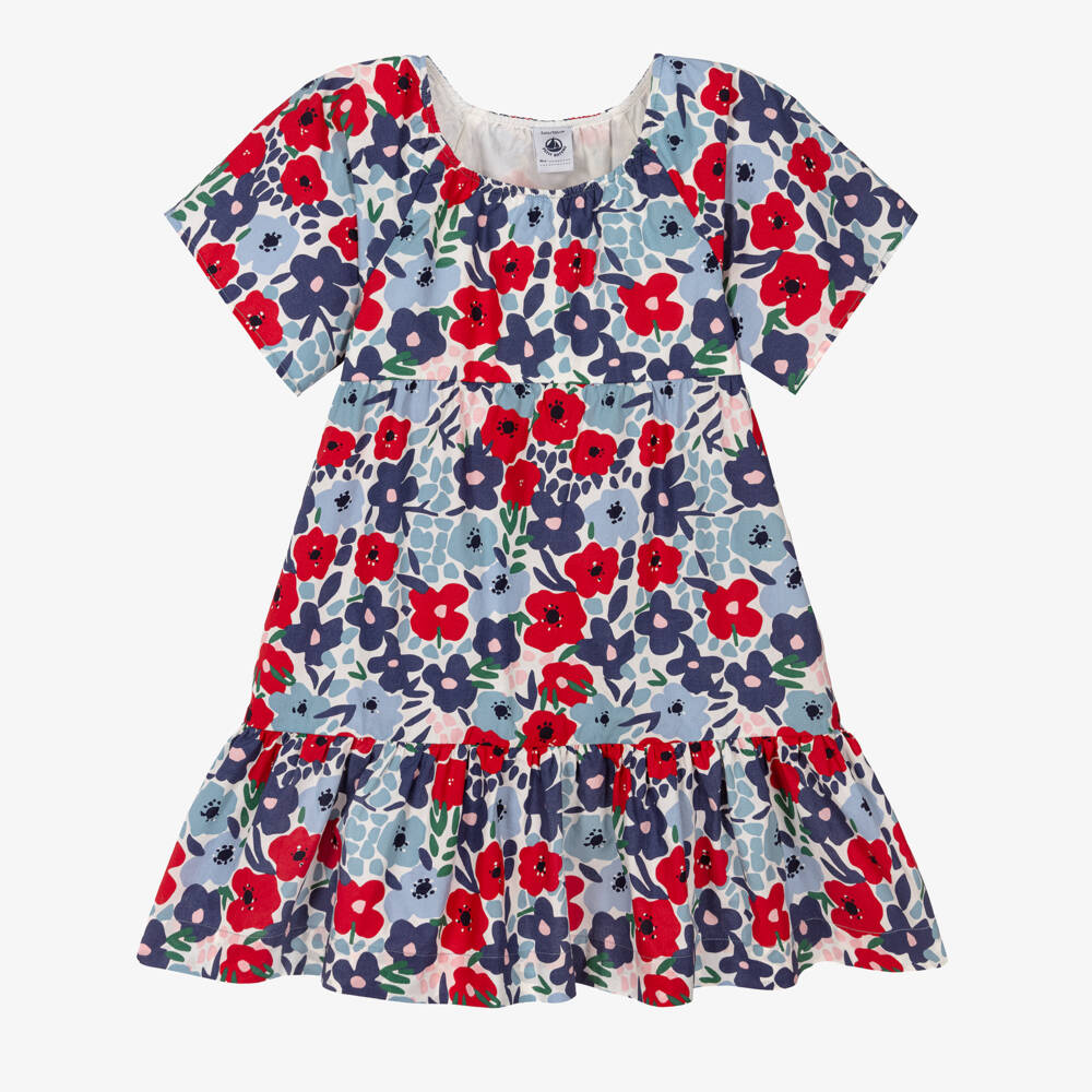 Petit Bateau-Girls Blue & Red Floral Print Cotton Dress | Childrensalon Outlet