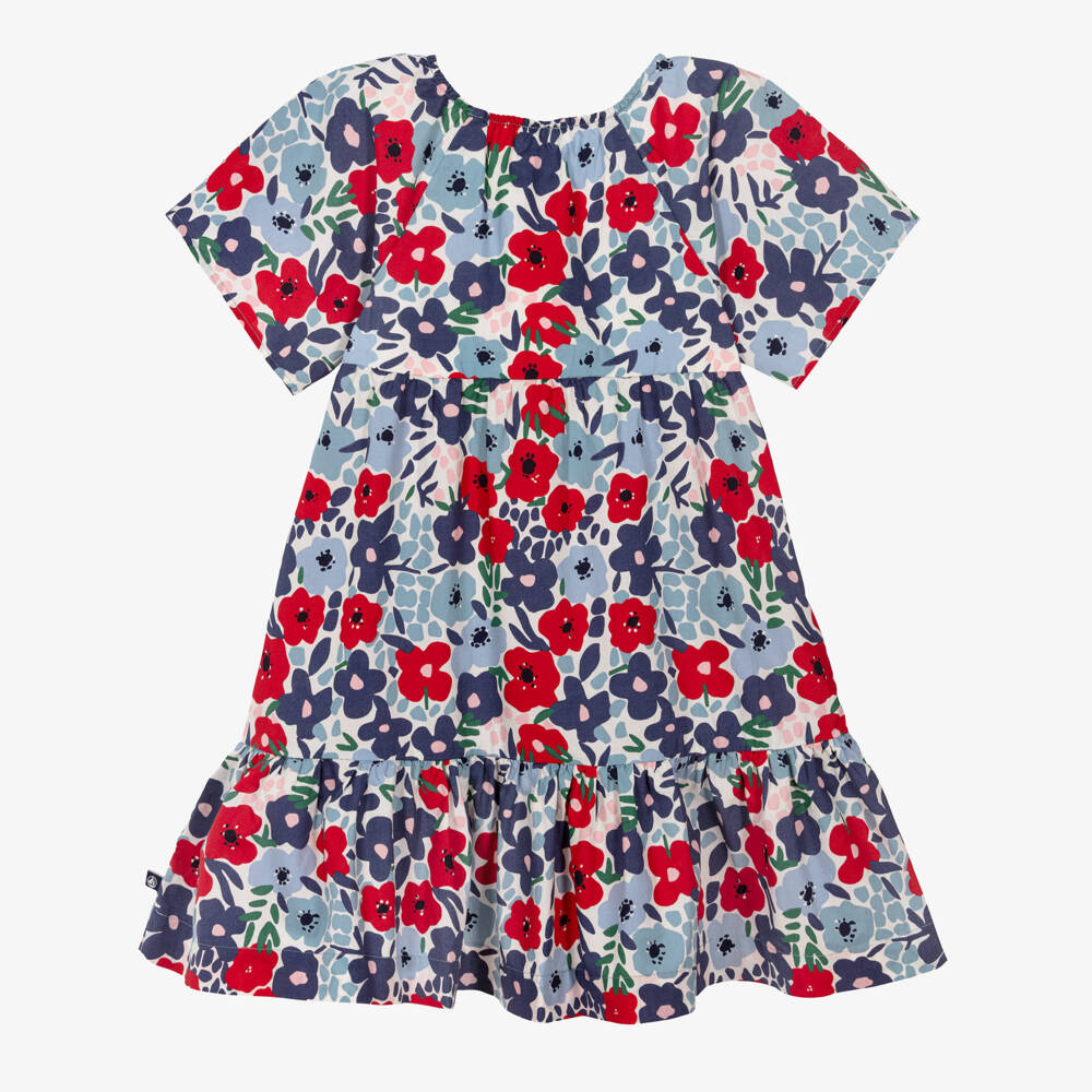 Petit Bateau-Girls Blue & Red Floral Print Cotton Dress | Childrensalon Outlet
