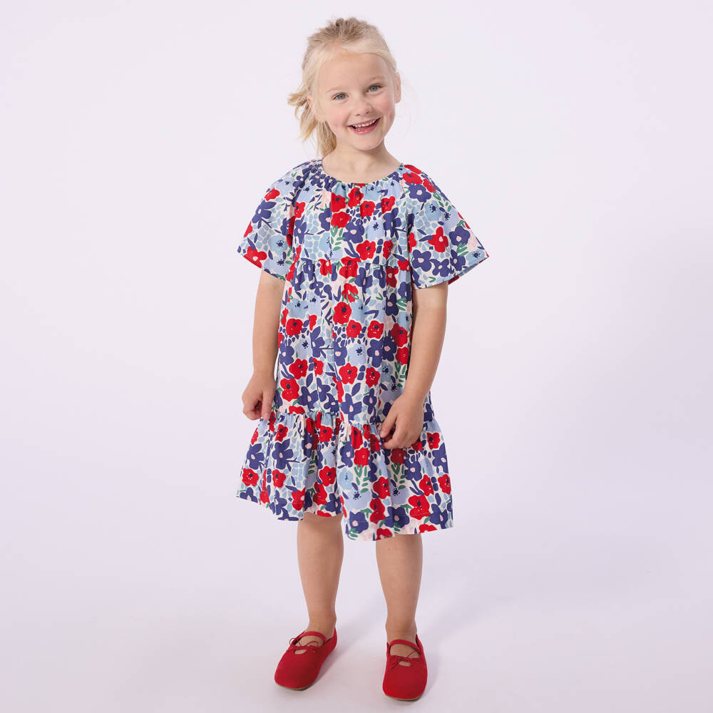 Petit Bateau-Girls Blue & Red Floral Print Cotton Dress | Childrensalon Outlet