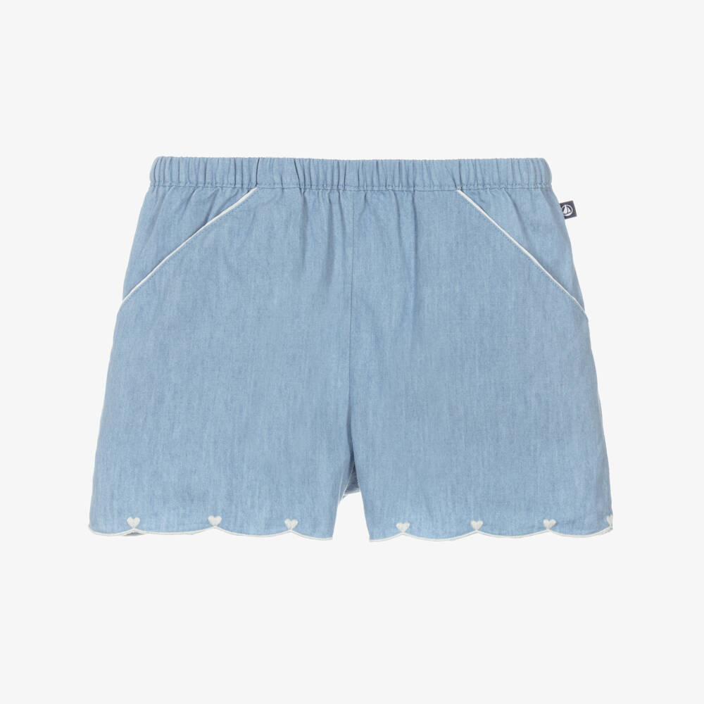Petit Bateau-Шорты для девочек синие с сердечками из шамбре | Childrensalon Outlet