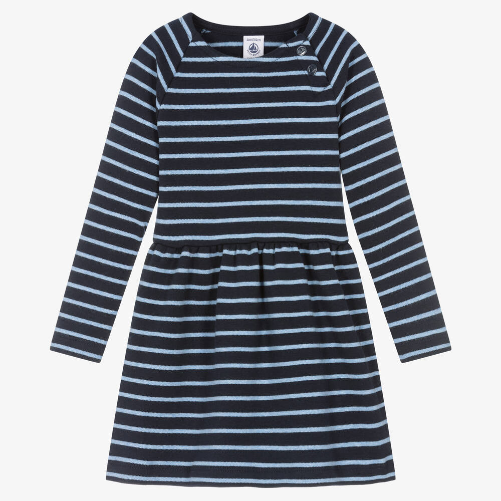 Petit Bateau - Girls Blue Striped Cotton Dress | Childrensalon