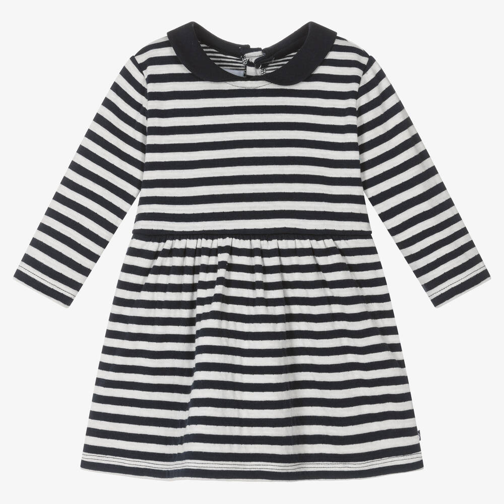 Petit Bateau - Girls Blue & White Striped Cotton Dress | Childrensalon