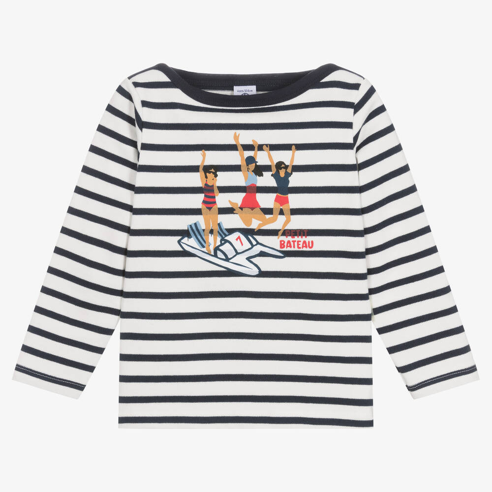 Petit Bateau - توب قطن عضوي مقلم لون أبيض وكحلي للبنات | Childrensalon