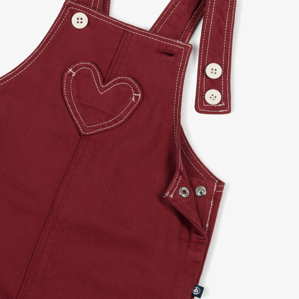Petit Bateau-Girls Burgundy Red Denim Dungarees | Childrensalon Outlet