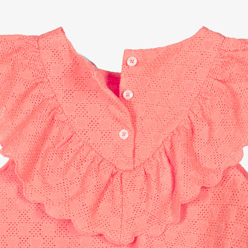 Petit Bateau-Girls Coral Pink Cross Stich & Hearts Cotton Dress | Childrensalon Outlet