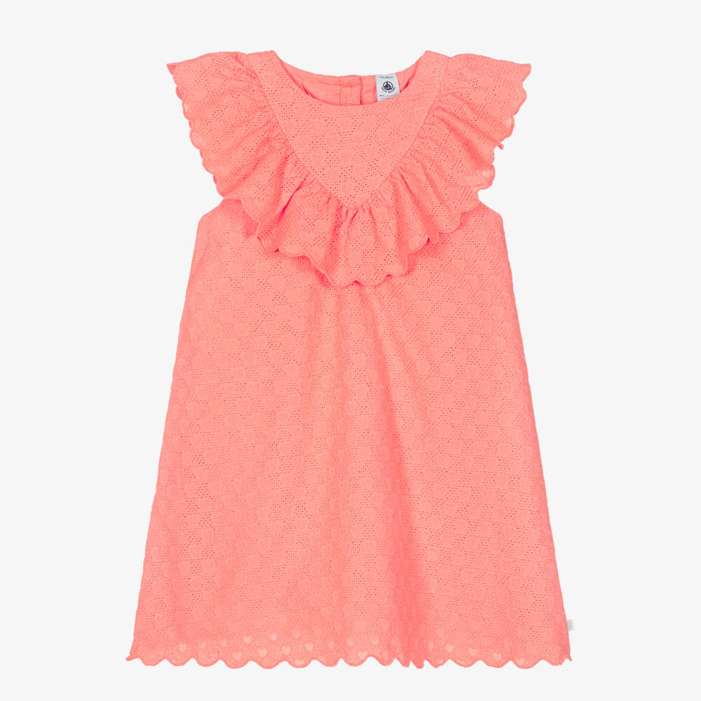 Petit Bateau-Girls Coral Pink Cross Stich & Hearts Cotton Dress | Childrensalon Outlet