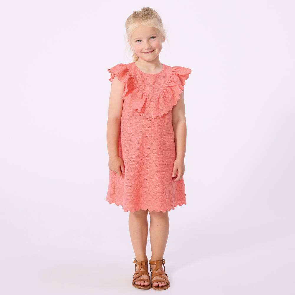 Petit Bateau-Girls Coral Pink Cross Stich & Hearts Cotton Dress | Childrensalon Outlet