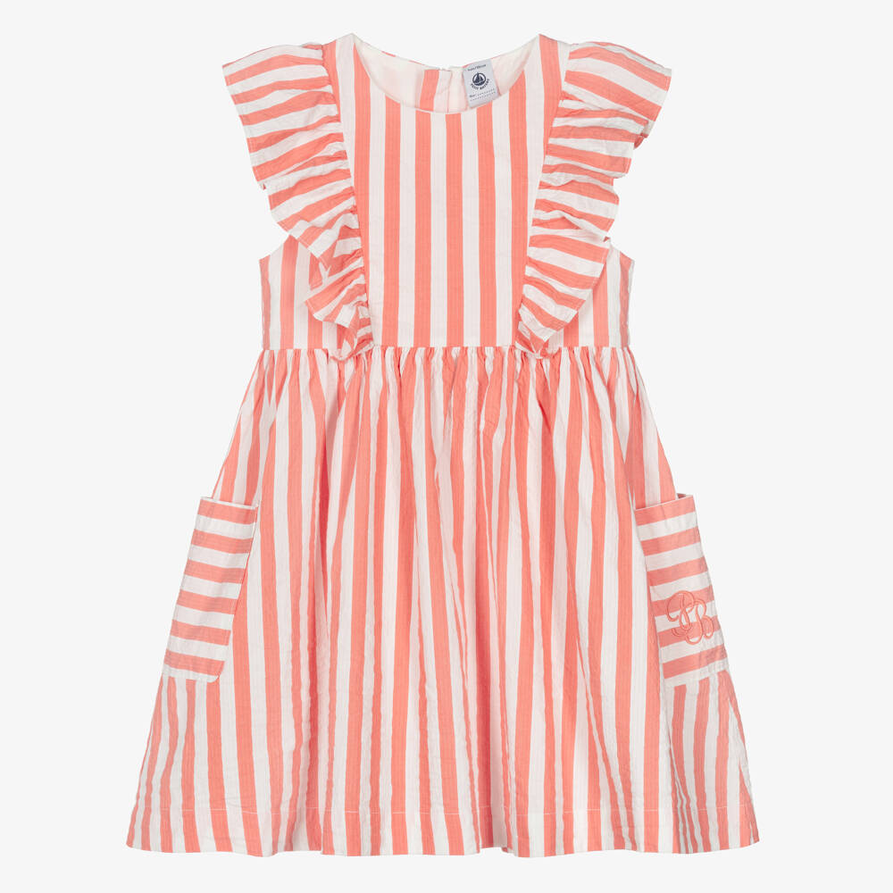Petit Bateau-Girls Coral Pink & White Striped Cotton Dress | Childrensalon Outlet