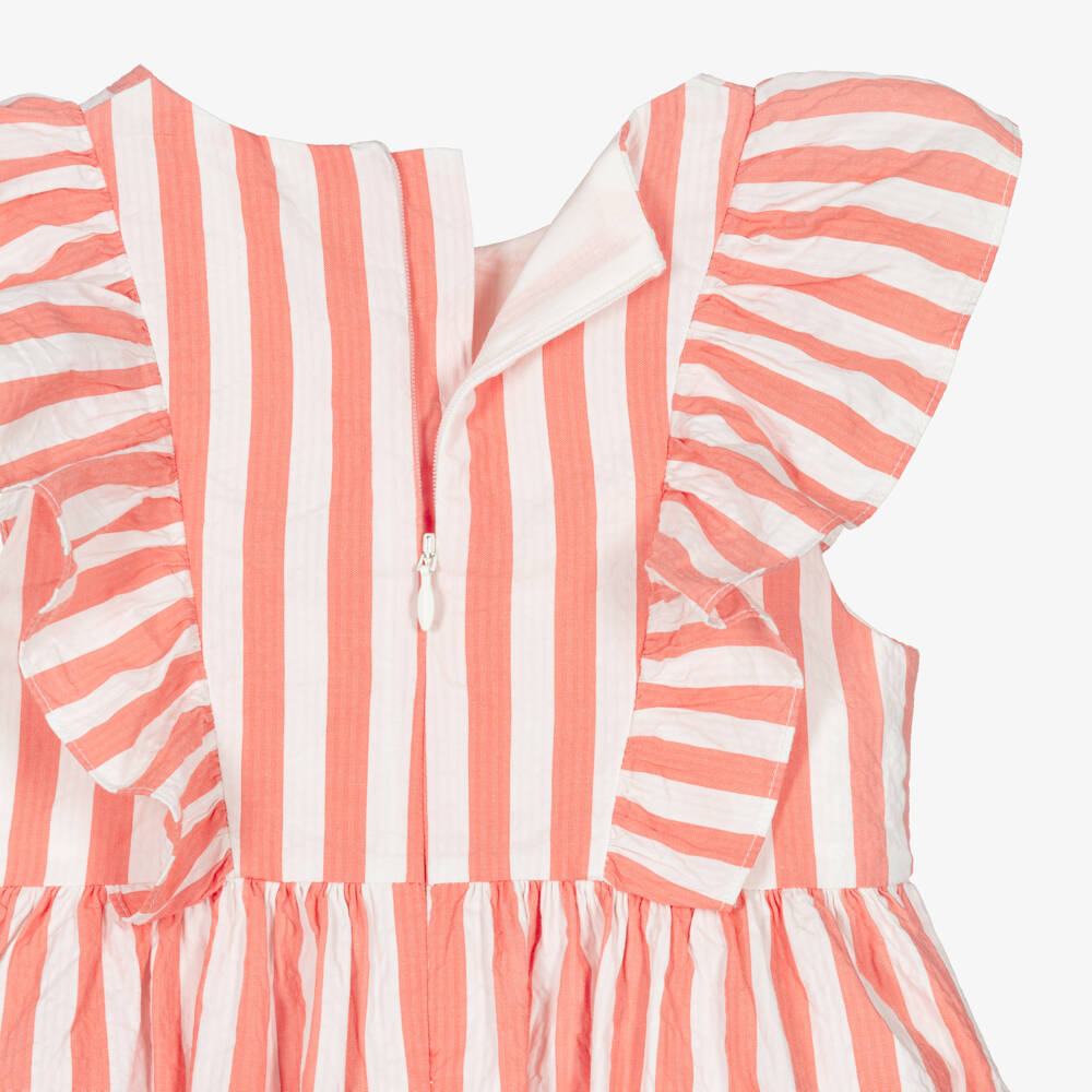 Petit Bateau-Girls Coral Pink & White Striped Cotton Dress | Childrensalon Outlet