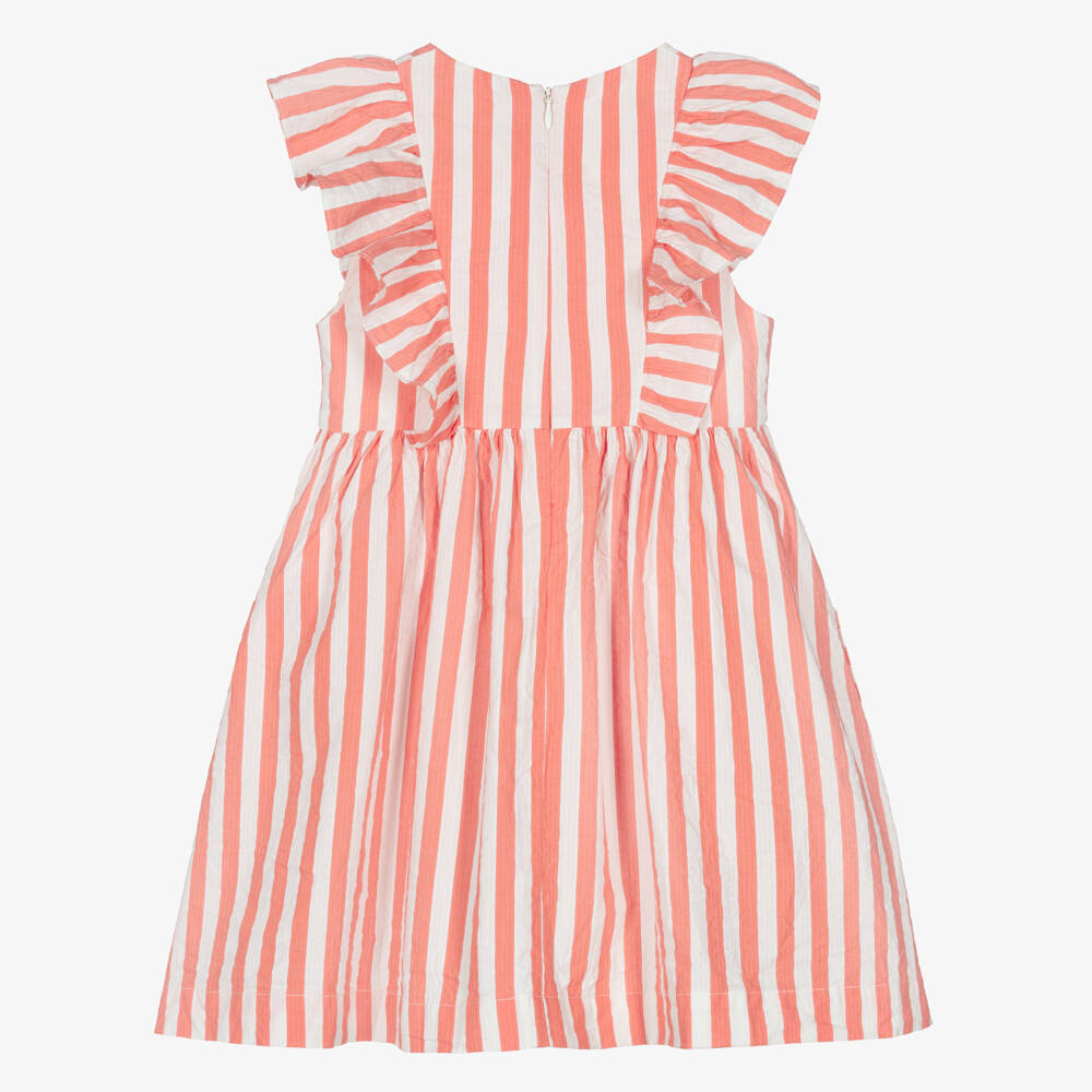 Petit Bateau-Girls Coral Pink & White Striped Cotton Dress | Childrensalon Outlet