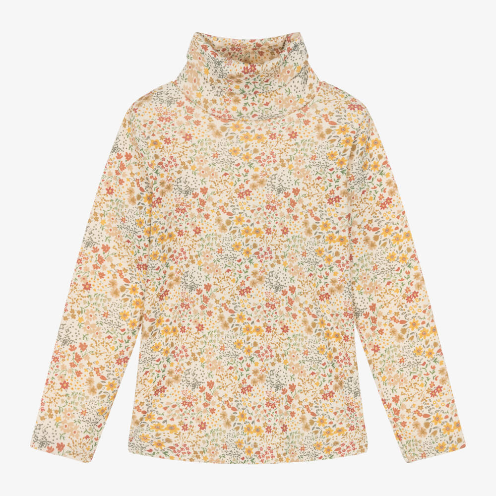 Petit Bateau-Girls Cream Floral Turtleneck Top | Childrensalon Outlet
