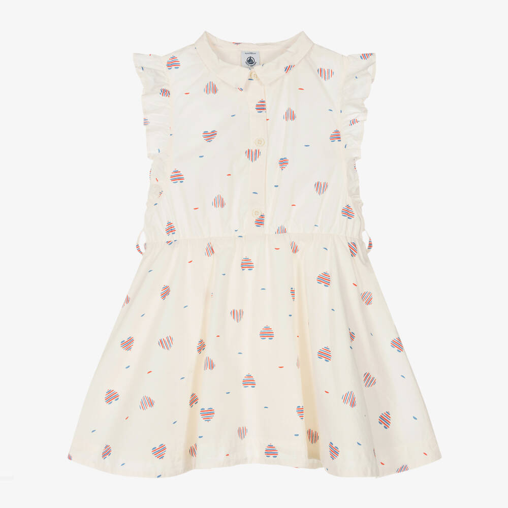 Petit Bateau-Girls Cream Heart Patterned Cotton Dress | Childrensalon Outlet
