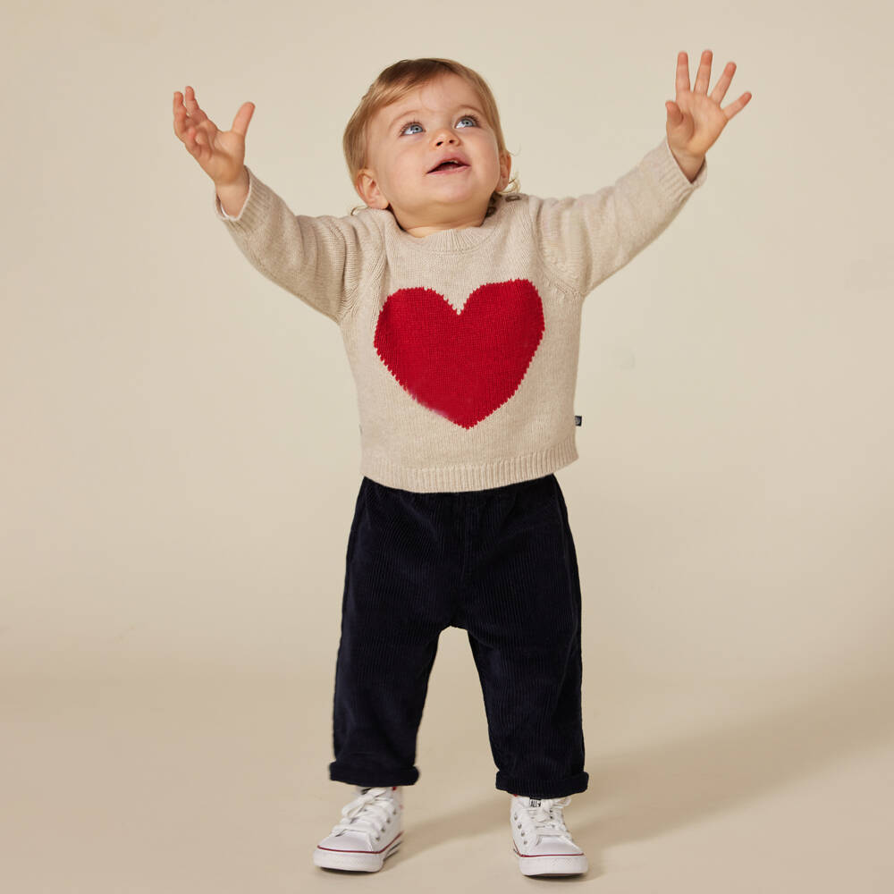 Petit Bateau-Girls Cream Heart Wool Sweater | Childrensalon Outlet