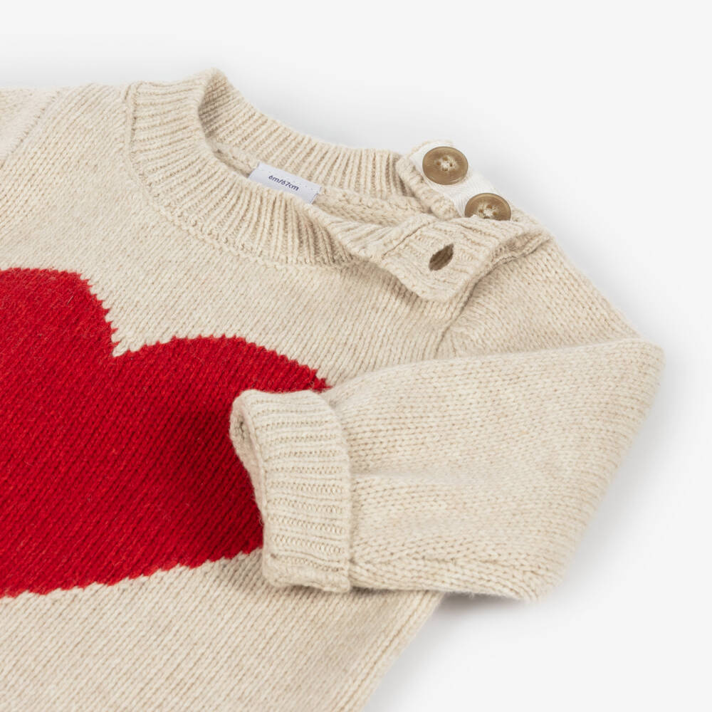 Petit Bateau-Girls Cream Heart Wool Sweater | Childrensalon Outlet