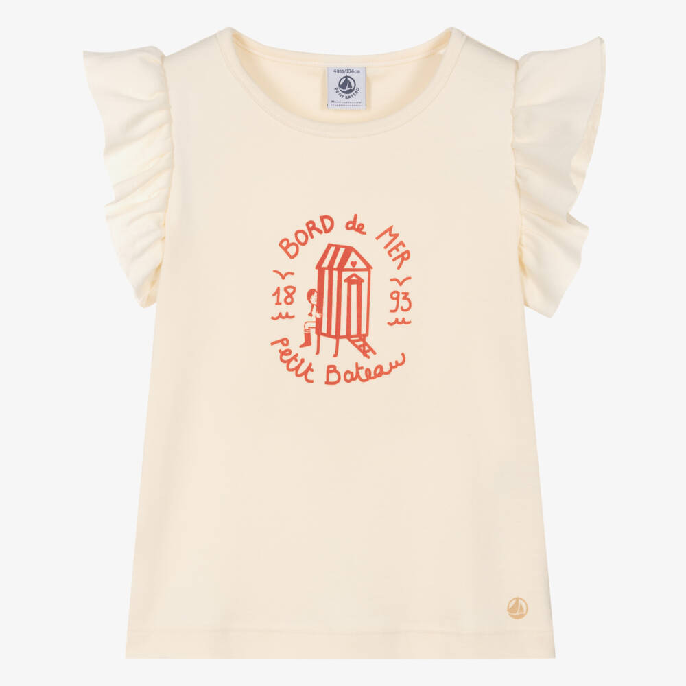 Petit Bateau-Girls Creamy Frilled Tee Delight | Childrensalon Outlet