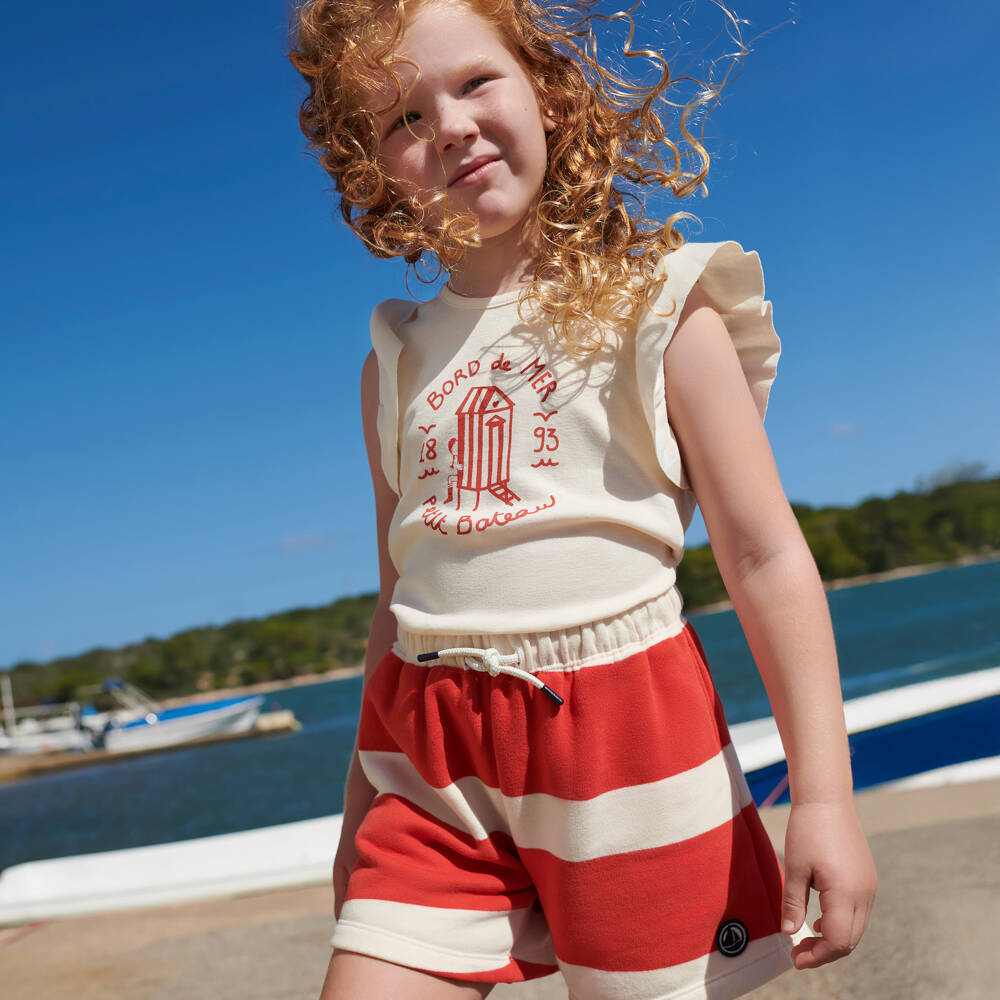 Petit Bateau-تيشيرت كريمي مزين بالكشكش للبنات | Childrensalon Outlet