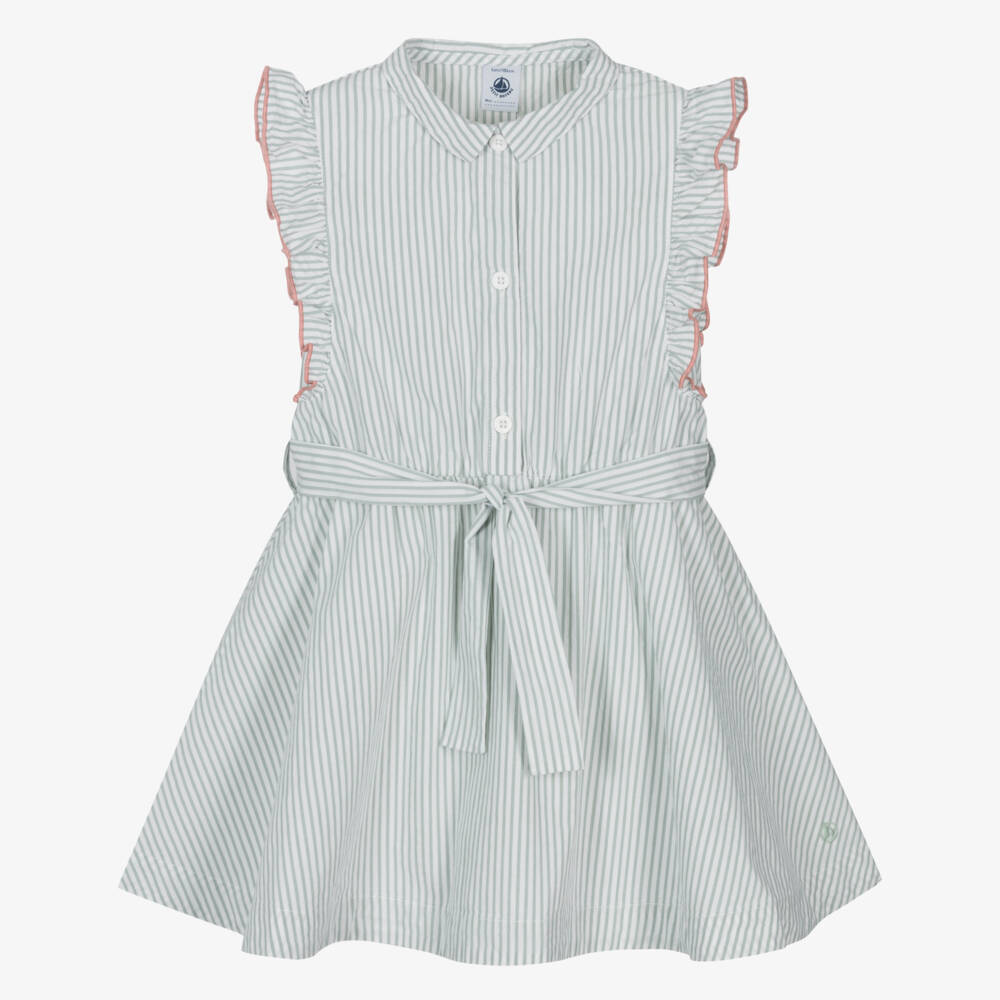 Petit Bateau-فستان زمردي مخطط للبنات مع حزام خصر | Childrensalon Outlet