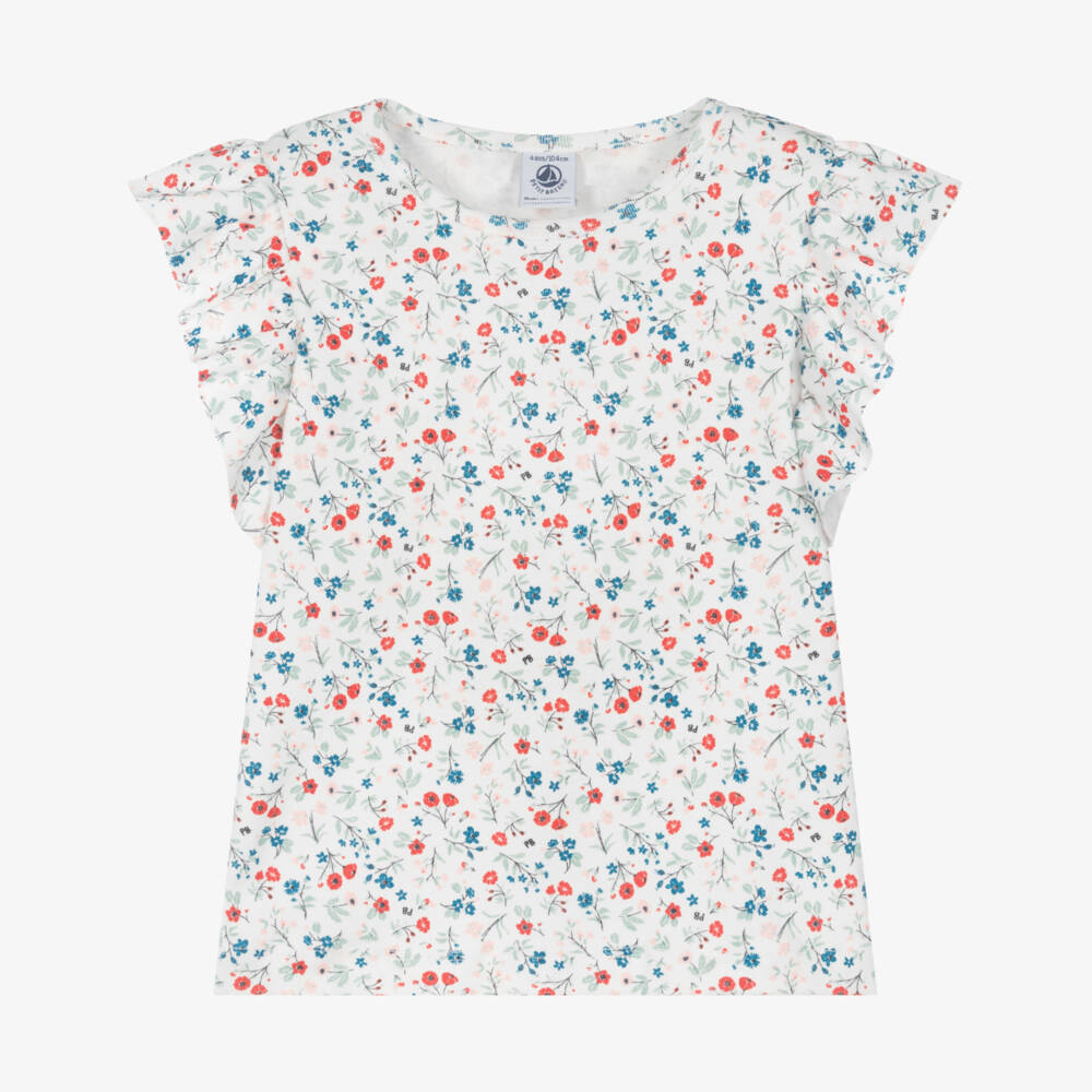 Petit Bateau-تي شيرت قطن أبيض مزين بالزهور للبنات | Childrensalon Outlet