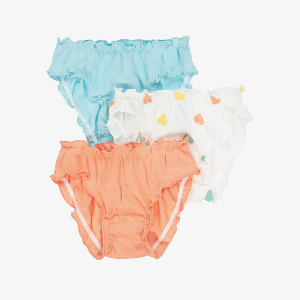 Petit Bateau-Girls Frilly Blue & Orange Knickers Trio | Childrensalon Outlet