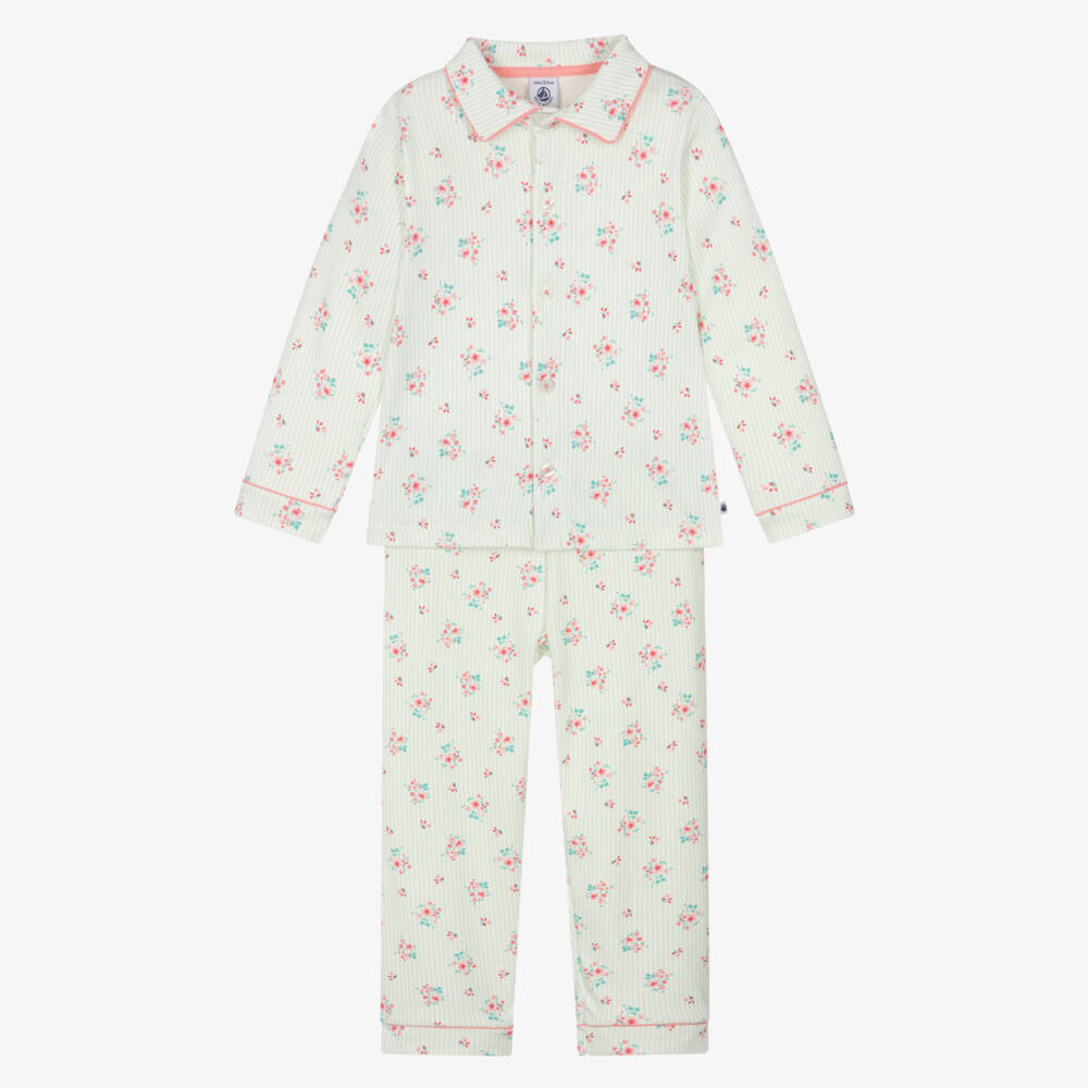 Petit Bateau-Girls Green Stripe & Floral Print Cotton Pyjamas | Childrensalon Outlet
