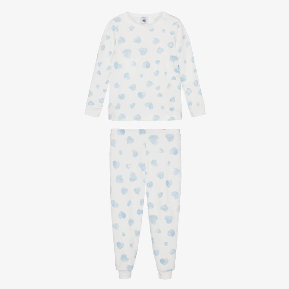 Petit Bateau-Girls Ivory & Blue Heart Print Cotton Pyjamas | Childrensalon Outlet