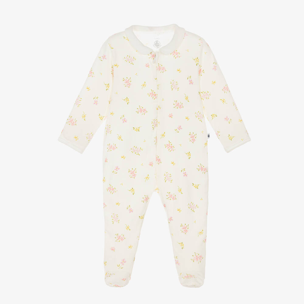 Petit Bateau-Girls Ivory Cotton Babygrow with Floral Print | Childrensalon Outlet