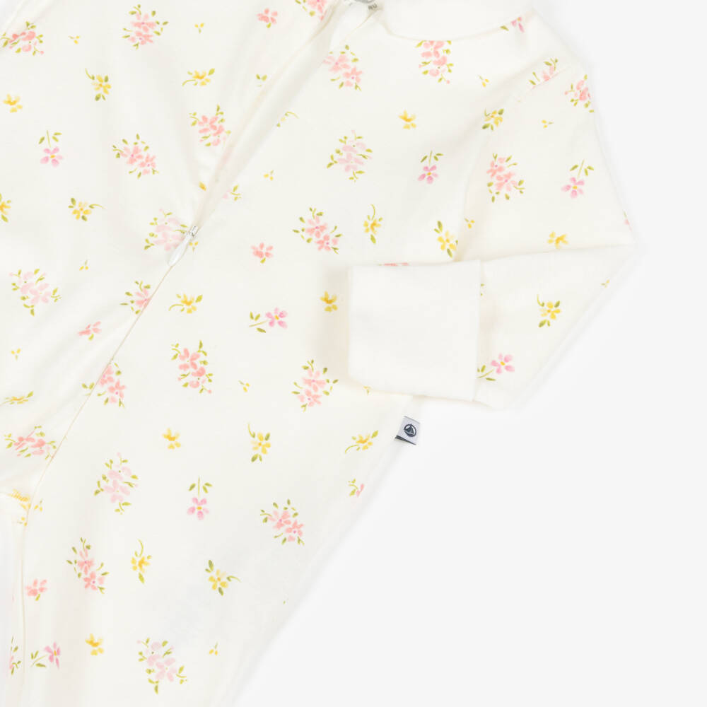 Petit Bateau-Girls Ivory Cotton Babygrow with Floral Print | Childrensalon Outlet