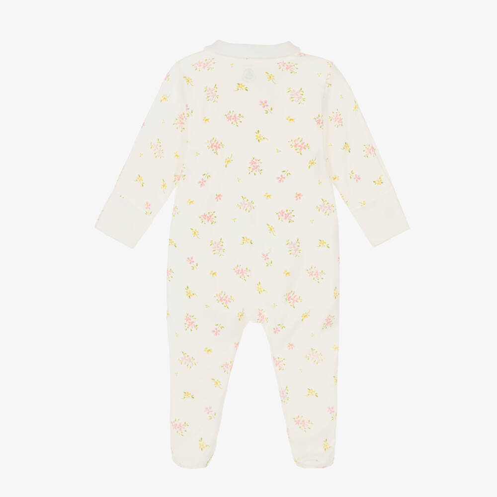 Petit Bateau-Girls Ivory Cotton Babygrow with Floral Print | Childrensalon Outlet