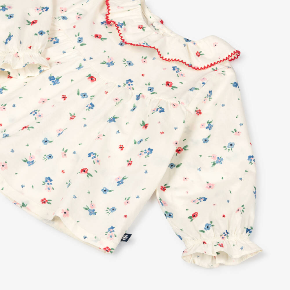 Petit Bateau-Girls Ivory Cotton Blouse with Ditsy Floral Print | Childrensalon Outlet