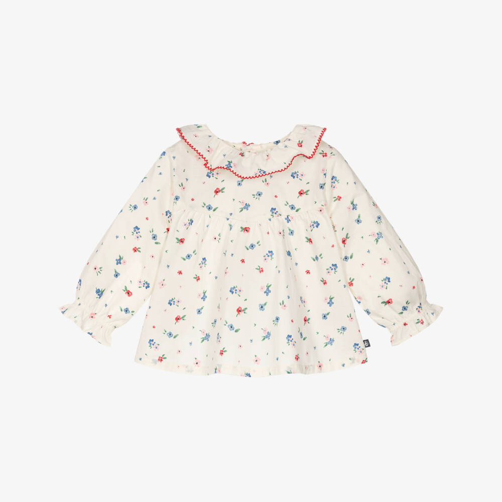 Petit Bateau-Girls Ivory Cotton Blouse with Ditsy Floral Print | Childrensalon Outlet