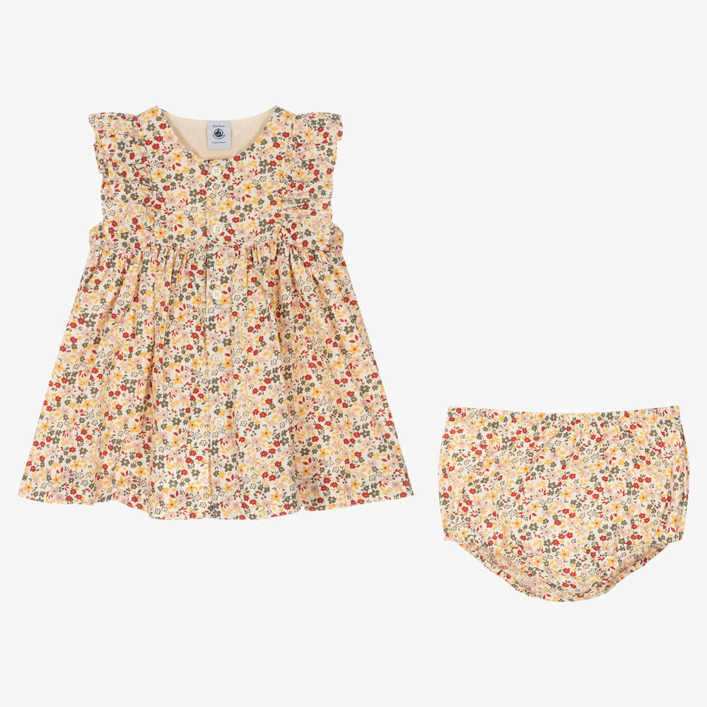 Petit Bateau-Girls Ivory Cotton Floral Dress | Childrensalon Outlet