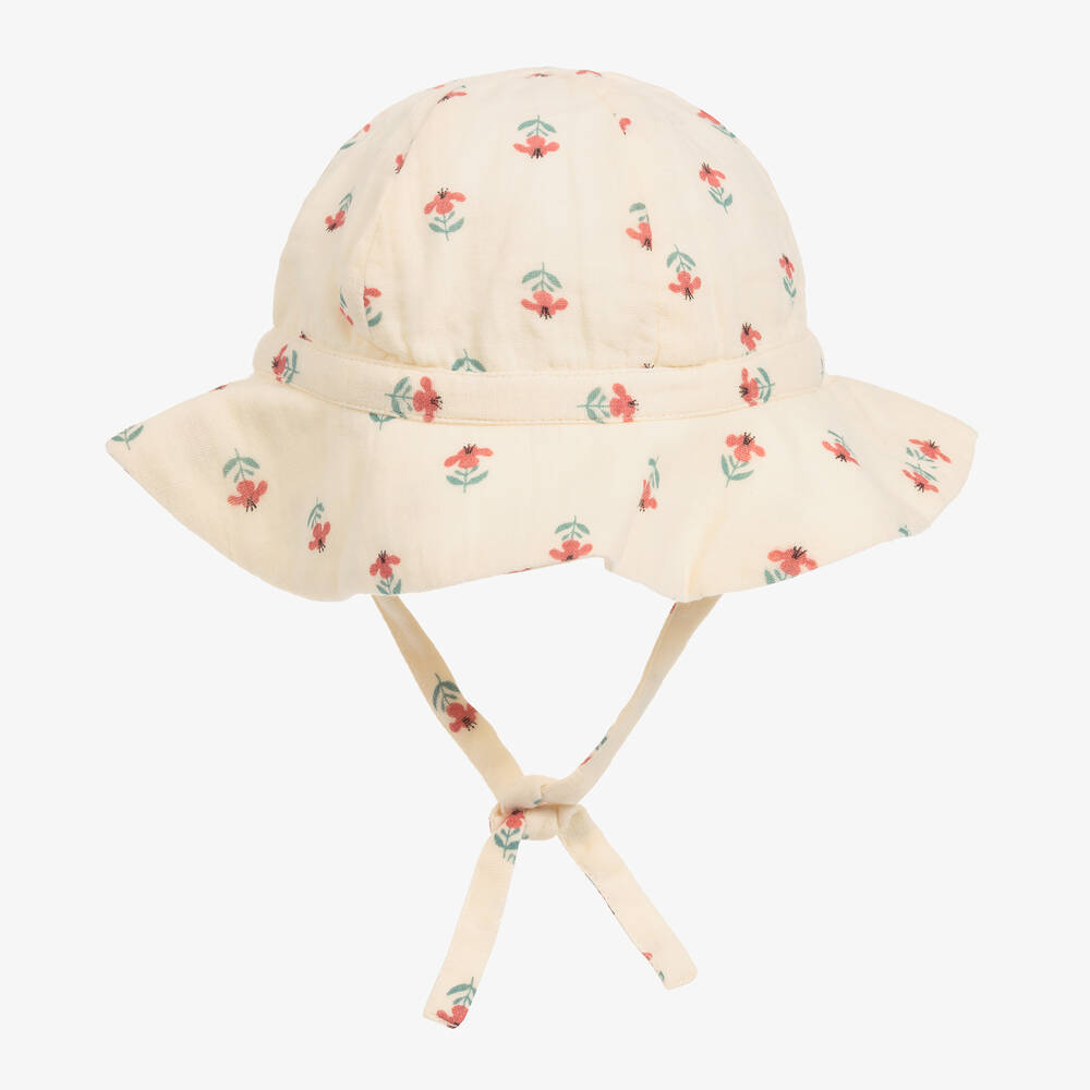 Petit Bateau - قبعة للشمس قطن عضوي لون عاجي بطبعة ورود | Childrensalon