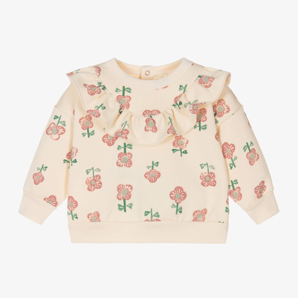 Petit Bateau-سويتشيرت بطبعة ورود قطن لون عاجي للبنات | Childrensalon Outlet