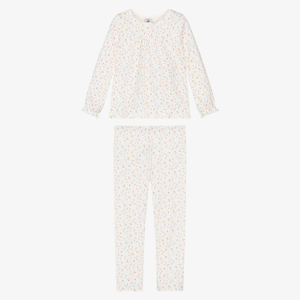 Petit Bateau-Girls Ivory Cotton Jersey Long Pyjamas with Colourful Dots | Childrensalon Outlet