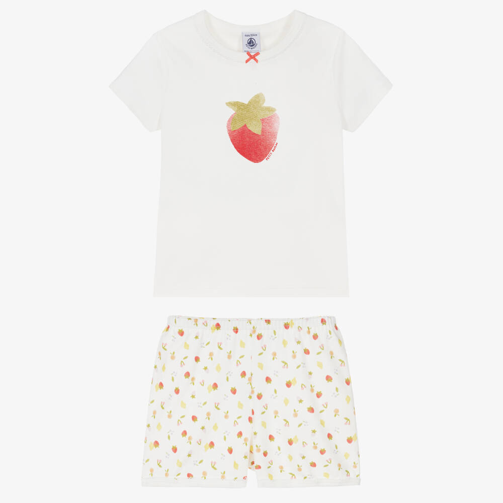 Petit Bateau-Girls Ivory Cotton Short Pyjamas with Strawberry Print | Childrensalon Outlet