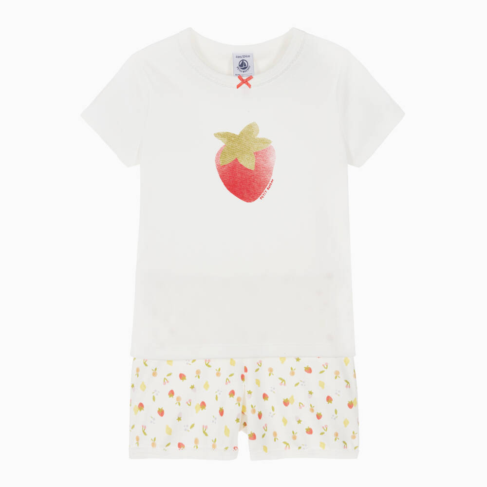 Petit Bateau-Girls Ivory Cotton Short Pyjamas with Strawberry Print | Childrensalon Outlet