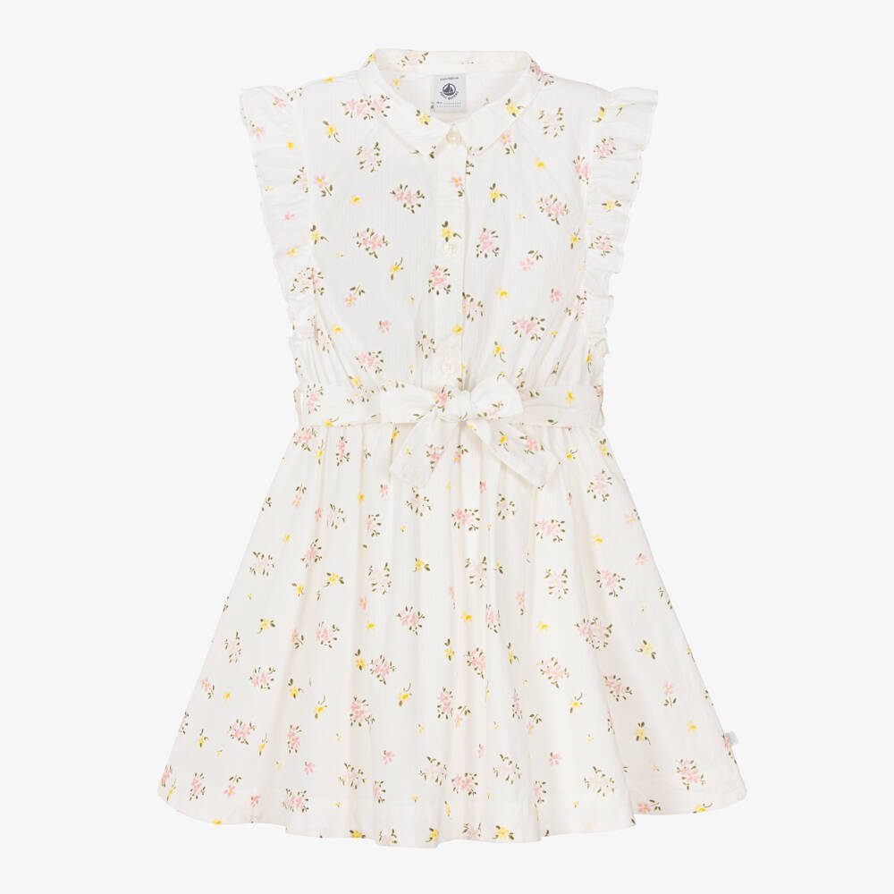 Petit Bateau-Girls Ivory Cotton Sun Dress with Floral Print | Childrensalon Outlet