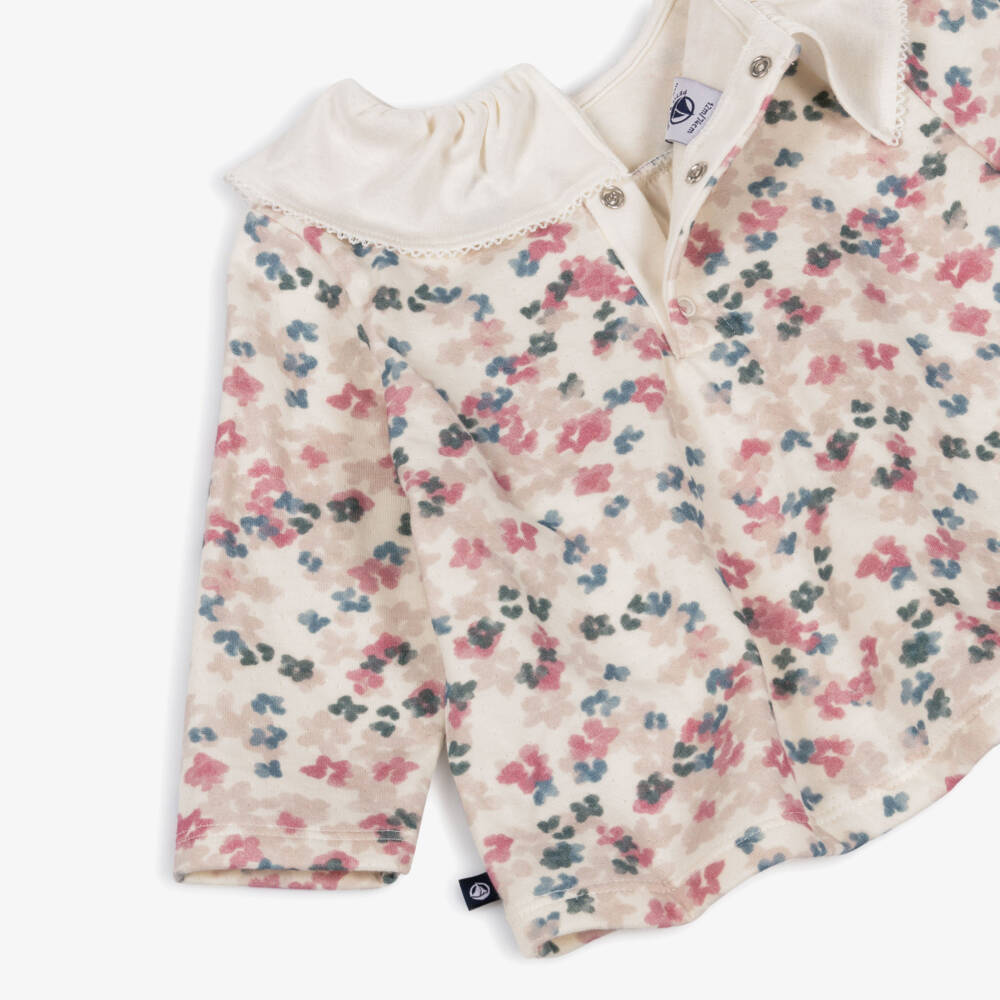 Petit Bateau-Girls Ivory Cotton Top with Pink & Blue Floral Pattern | Childrensalon Outlet
