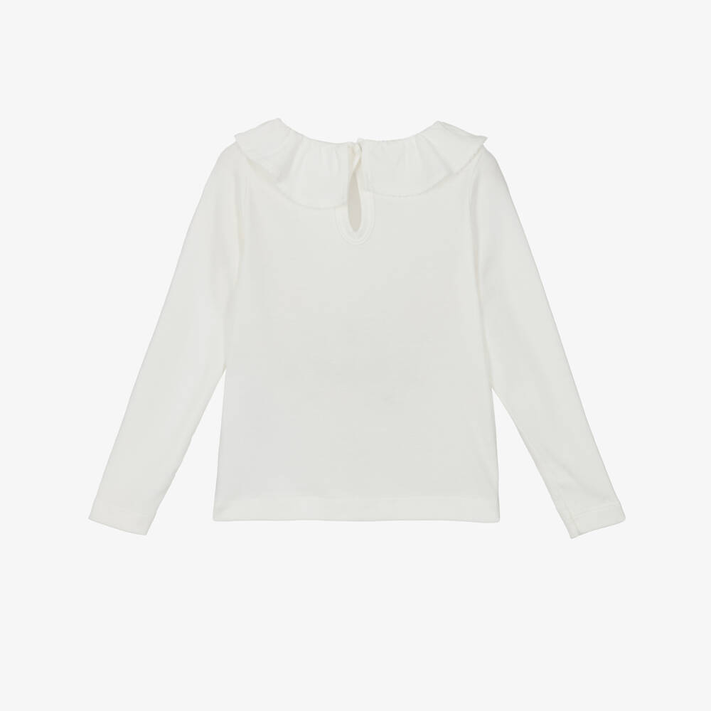 Petit Bateau-Girls Ivory Cotton Top with Ruffle Collar | Childrensalon Outlet