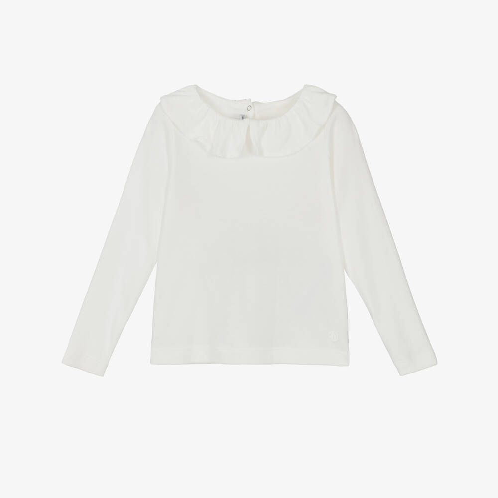 Petit Bateau-Girls Ivory Cotton Top with Ruffle Collar | Childrensalon Outlet