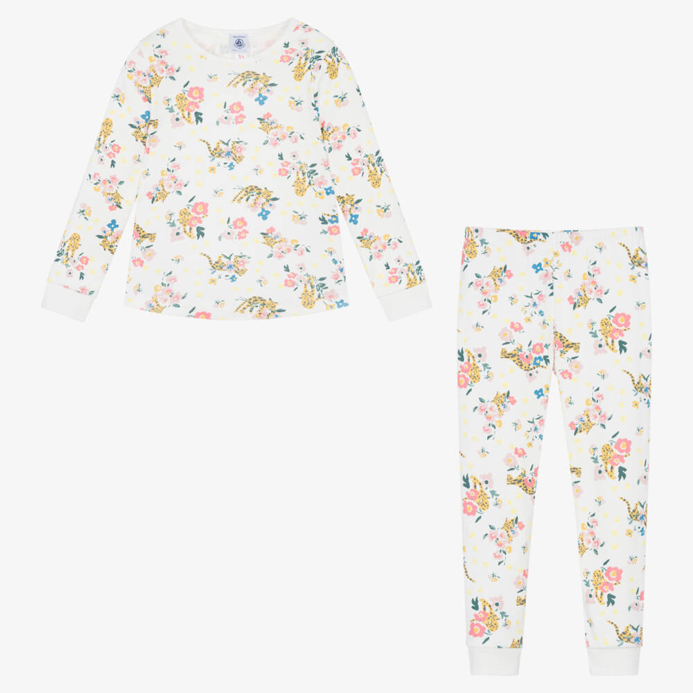 Petit Bateau-Girls Ivory Floral Leopard Cotton Pyjamas | Childrensalon Outlet